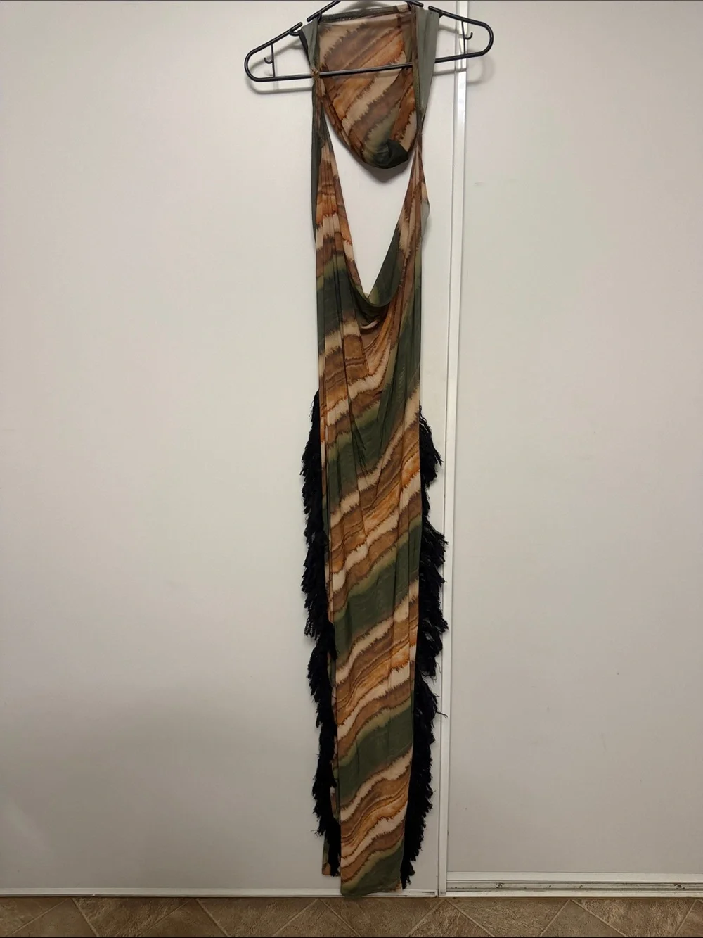 Fashion Nova Olive Green Brown Tan Striped Fringe Swim Coverup
